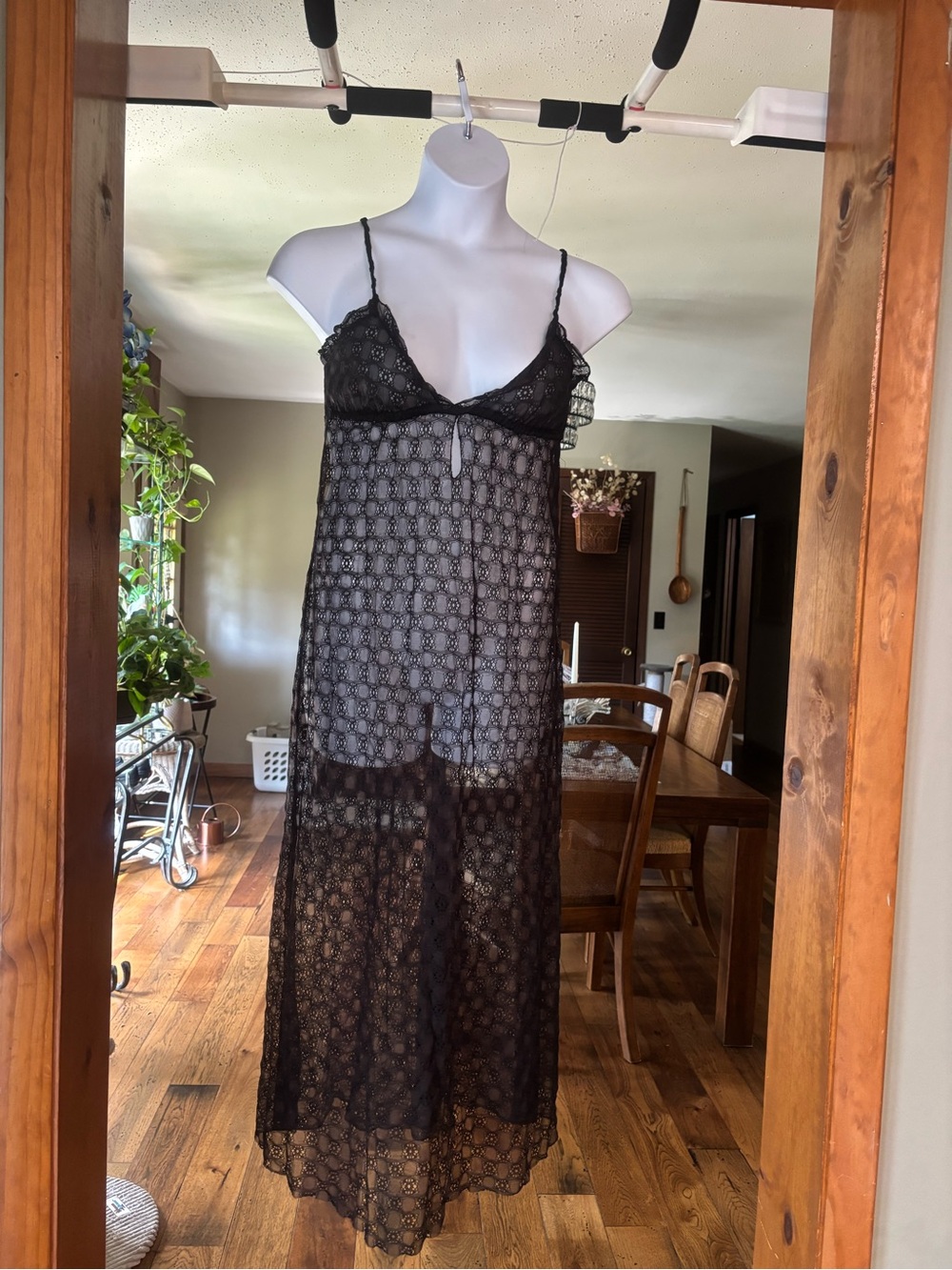Vintage Flair Women’s Sheer Black Lace Maxi Slip Nightgown Workers Union Made